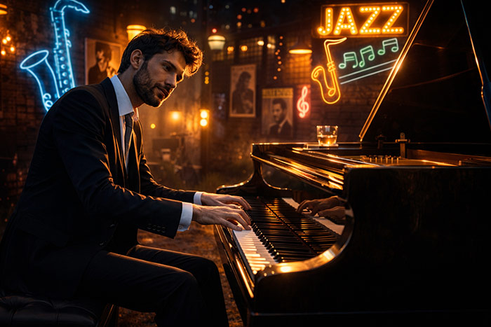 Man playing piano in jazz bar